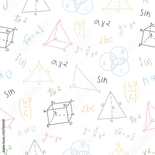 Seamless pattern of mathematical formulas, geometry shapes, equations, and diagrams in pastel colors on transparent background.