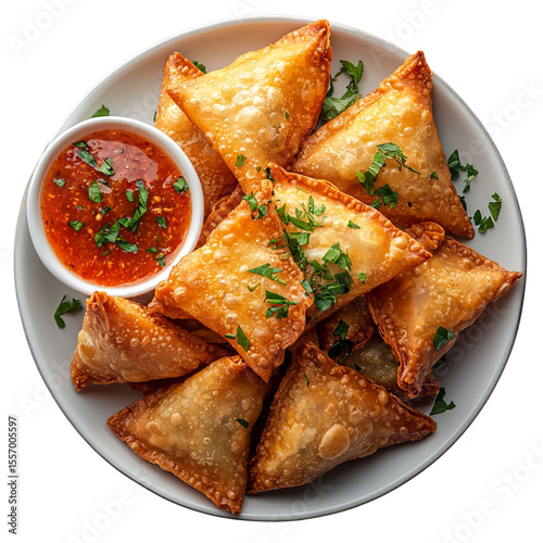 top view of one samosa indian food served on a plate
