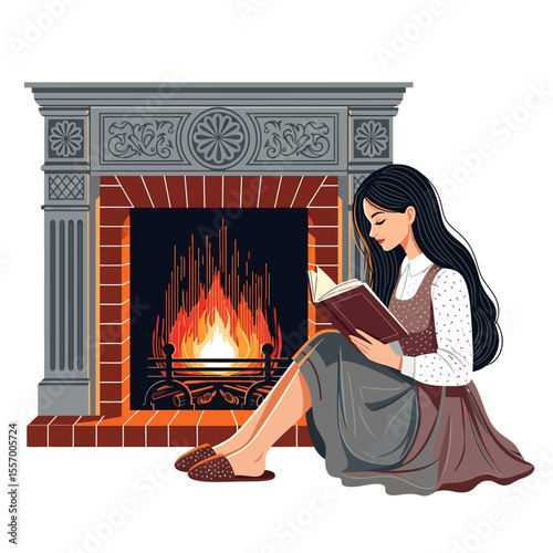 Person Reading by Ornate Fireplace – Cozy Nighttime Scene Vector Illustration
