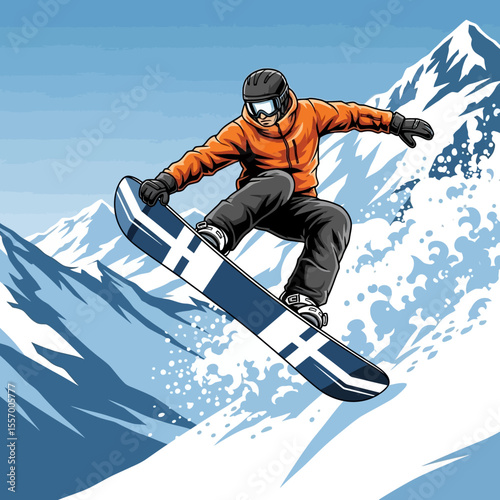 Snowboarder Riding Downhill – Extreme Winter Sport Action Vector Illustration