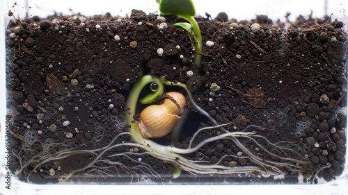 Seedling Growing with Roots Visible in Soil Cross-Section, Macro Time-Lapse