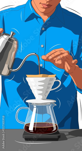 Pour-Over Coffee Brewing – Handheld Kettle and Ceramic Dripper on Scale Vector Illustration