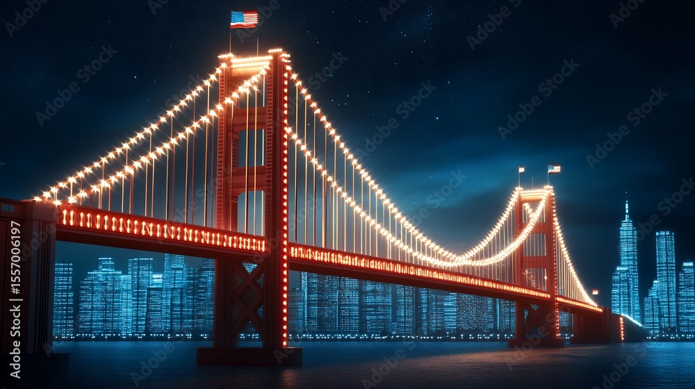 Naklejka premium Illuminated Bridge at Night in Pixel Art Style