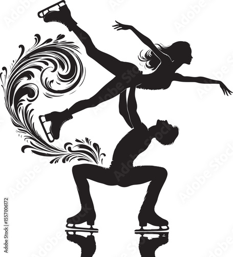  Depicting a pair of figure skaters in an intricate lift, this silhouette art illustrates grace, balance, and artistic motion. Featuring swirling patterns emphasizing the elegance and dynamics