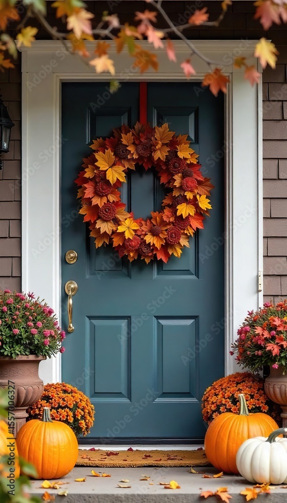 Obraz premium Charming Autumn Wreath Adorns Front Door with Pumpkins and Fall Foliage, Creating a Welcoming Seasonal Display Perfect for Thanksgiving, Halloween, or Fall Home Decor
