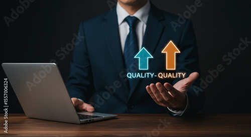 Quality Improvement Conceptual Image Businessman Holding Holographic Arrows with Laptop on Wooden Table and Dark Background Achievement and Success Theme