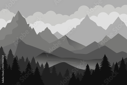 Monochromatic Mountain Majesty Serene Grayscale Landscape Illustration
