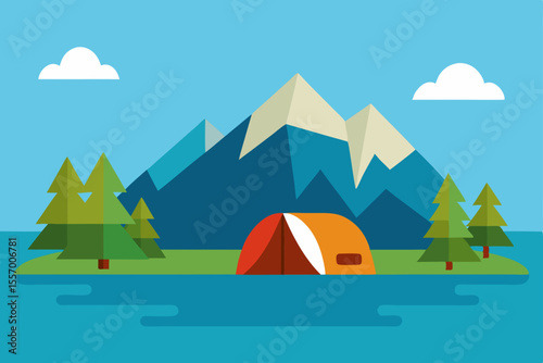 Serene Mountain Camping Lakeside Adventure Illustration