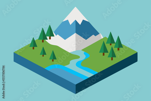 Isometric Illustration of a Majestic Mountain Landscape with River