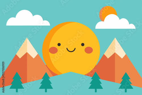 Happy Sunny Day in the Mountains A cheerful illustration of a smiling sun, majestic mountains, and fluffy clouds