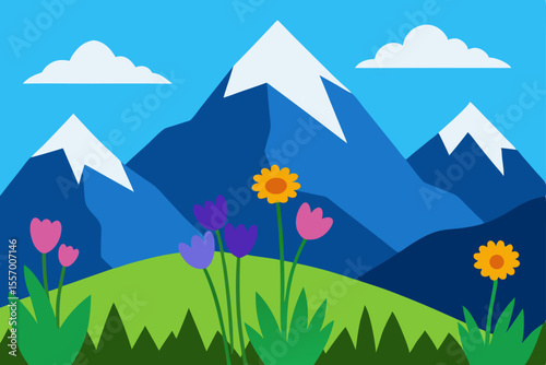 Mountain landscape vector with vibrant summer flowers and a clear sky, illustrating natural green hills and a bright meadow scene
