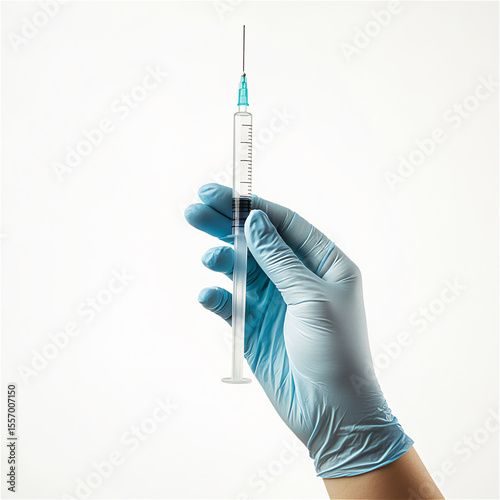 Hand in a medical glove holding a syringe with a needle on a white background,