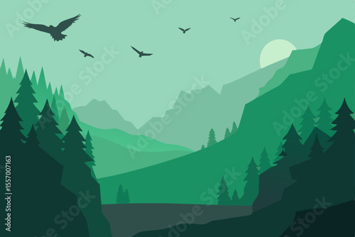 A breathtaking mountain landscape unfolds with mist-kissed peaks, a serene valley, and a vibrant sky, capturing the essence of nature's grandeur at sunrise