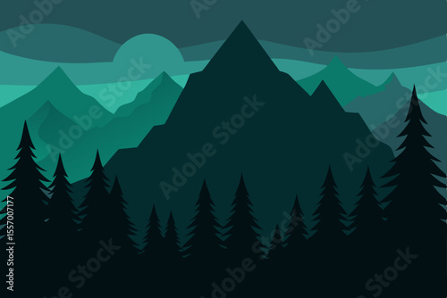 Snowy winter mountain forest vector illustration with Christmas trees