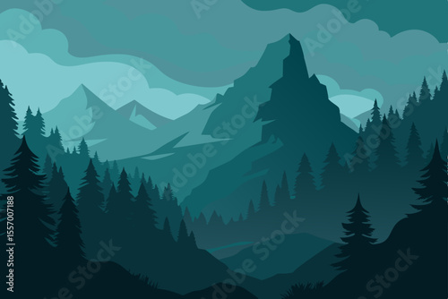 Snow-capped mountains pierce the morning sky, their peaks shrouded in mist, overlooking a green valley with a dense forest