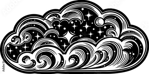 Illustration of a stylized cloud filled with stars and swirling patterns in black and white color scheme