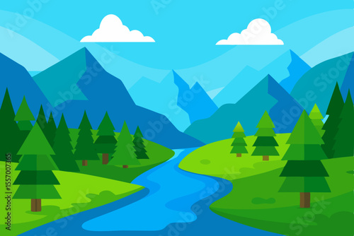 A picturesque summer mountain landscape with green trees, hills, and a blue sky