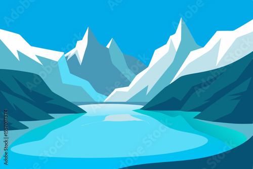 Winter mountain landscape with snow-capped peaks, a glacial lake, and a blue sky