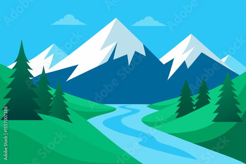 Snow-covered winter mountain forest landscape with trees under a blue sky