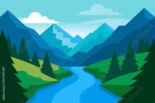 Winter mountain panorama with snow-capped peaks, green trees, and a vast sky