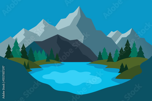 A scenic mountain lake landscape reflecting snow-capped mountains under a blue sky with clouds