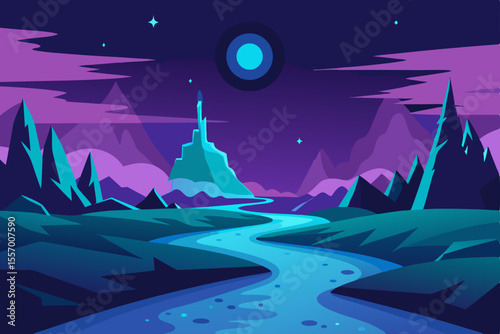 Christmas night landscape with a festive house, trees, and moonlit sky