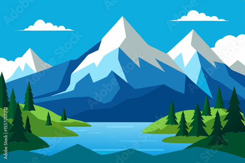 Snow-capped peaks reflect in a serene mountain lake, a panoramic winter landscape of nature's cold, high beauty