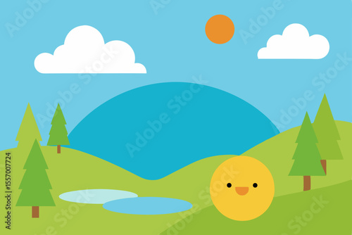 A vibrant vector illustration of a summer landscape features green trees, rolling hills, and majestic mountains under a blue sky with fluffy clouds