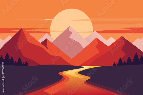 Golden sun dips behind rugged mountain silhouettes, casting an orange glow across the desert landscape