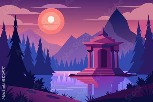 Dark vector illustration of a haunted castle in a night landscape with moon and stars