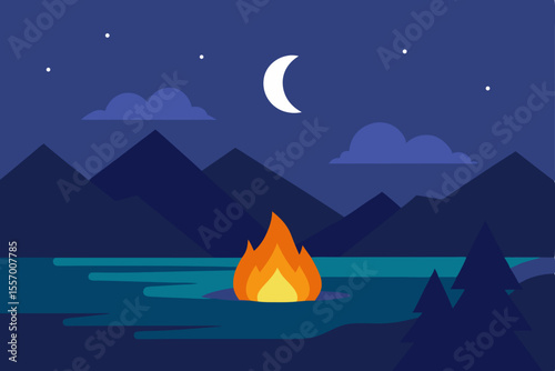 A tranquil winter night camping scene unfolds under a vast, star-dotted sky, silhouetting the snowy mountains and a calm, moonlit lake