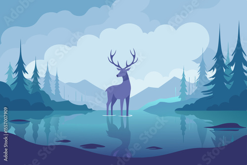 A serene winter landscape featuring a wild deer amidst a snow-covered forest with towering mountains and a tranquil lake under a scenic sky, perfect for a nature-inspired illustration