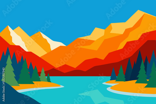 Mountain lake panorama with a boat reflecting the sunset sky