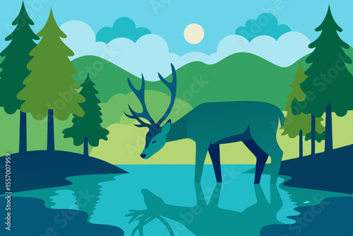 A lone deer silhouette stands in a wild forest landscape at sunset, an elegant animal illustration of nature's wildlife under the sky