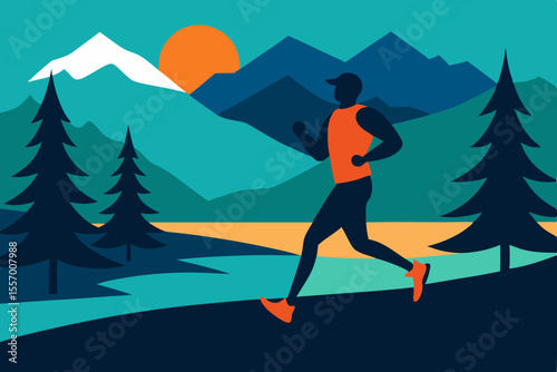 Running woman illustration in winter mountain nature