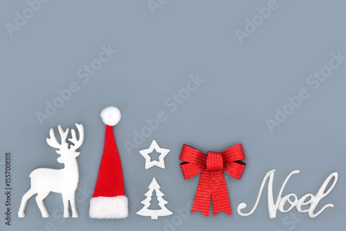 Wallpaper Mural Noel sign with Christmas red white bauble decorations on gray background. Festive concept with reindeer, tree, santa hat, star, red bow symbols.  Torontodigital.ca