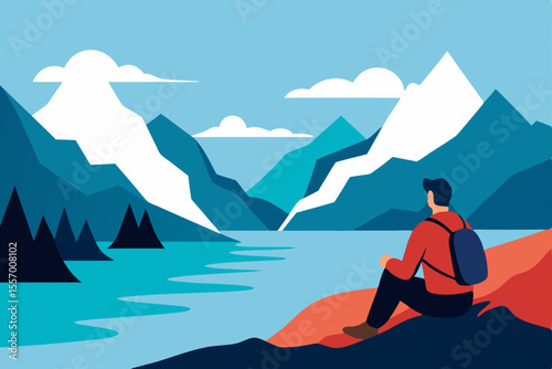 Man exploring a snowy mountain landscape under a vast blue sky
