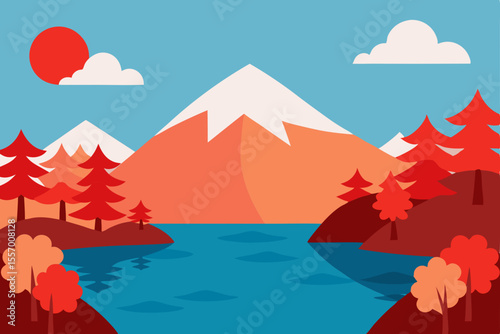 Vector cartoon illustration of nature's seasonal transformations from a winter snow mountain landscape to an autumn tree-lined hill sunset, encompassing tranquil sky, water, and beach scenes