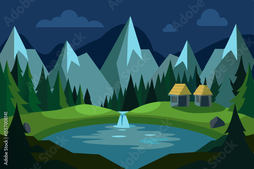 Serene Night in the Mountains Lakeside Cottages and Majestic Peaks
