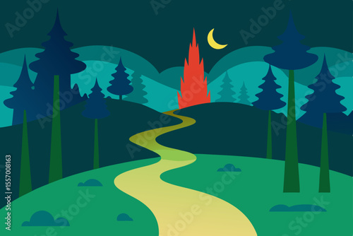 Enchanted Forest Path A Nighttime Journey to a Mysterious Red Castle