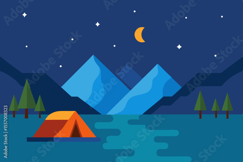 Night Camping Adventure Serene Mountain Lake under Starlit Sky