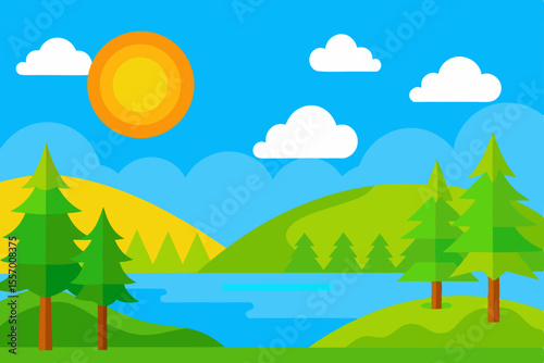 Sunny Lakeside Landscape Serene Hills, Lush Green Pines, and a Bright Summer Sky