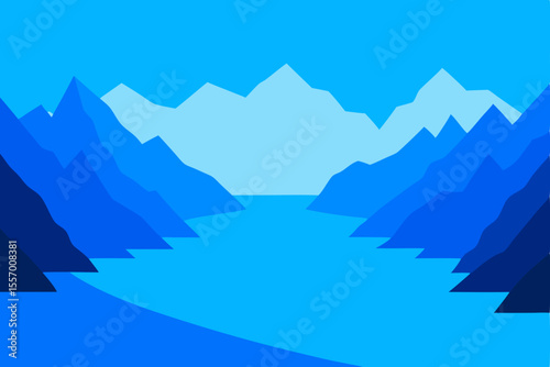 Serene Blue Mountain Landscape A Minimalist Illustration of Peaceful Fjord