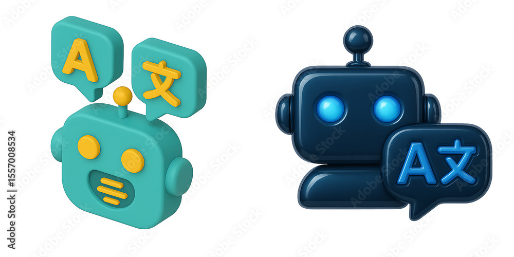 Fototapeta premium 3D Multilingual Chatbot Icon with Speech Bubbles and Language Symbols