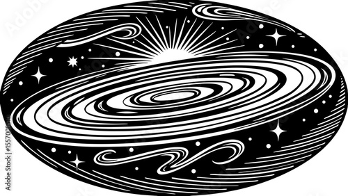 Illustration of a galaxy with swirling arms stars and a central light source in black and white style