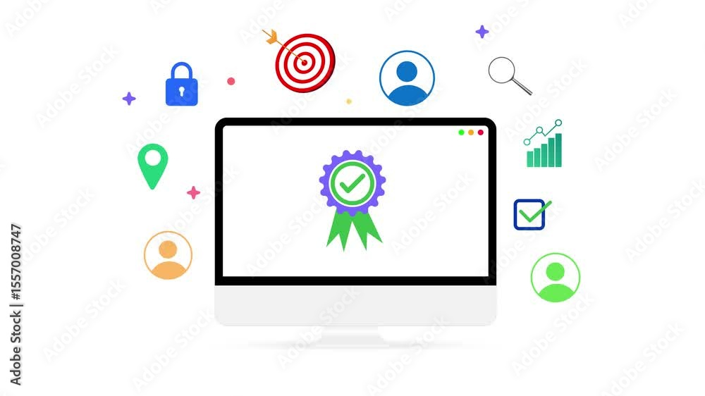 Iso Certification appearing on the computer screen 4k animation with floating infographics. International standard, certified, tick, secure. Iso Certification appearing on the computer screen 4k animation with floating infographics. International standard, certified, tick, secure.