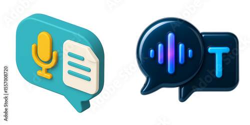 3D Speech to Text Icon Microphone Waveform and Transcript Symbol
