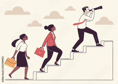 Business Leadership Concept. Vector illustration in flat style of a group of diverse people in business outfits walking up the steps following a leader looking ahead. Isolated on background