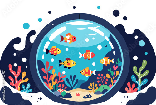 Stylized Fishbowl with Colorful Goldfish and Aquatic Plants, a Cheerful and Vibrant Illustration