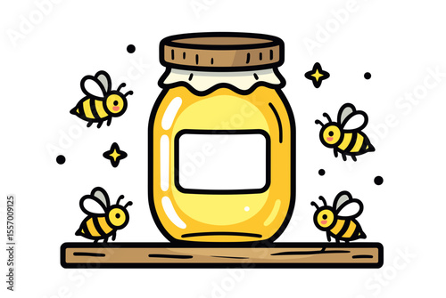 Illustration of a Honey Jar with Bees Flying Around, Cartoon Style and Clean Vector Design
